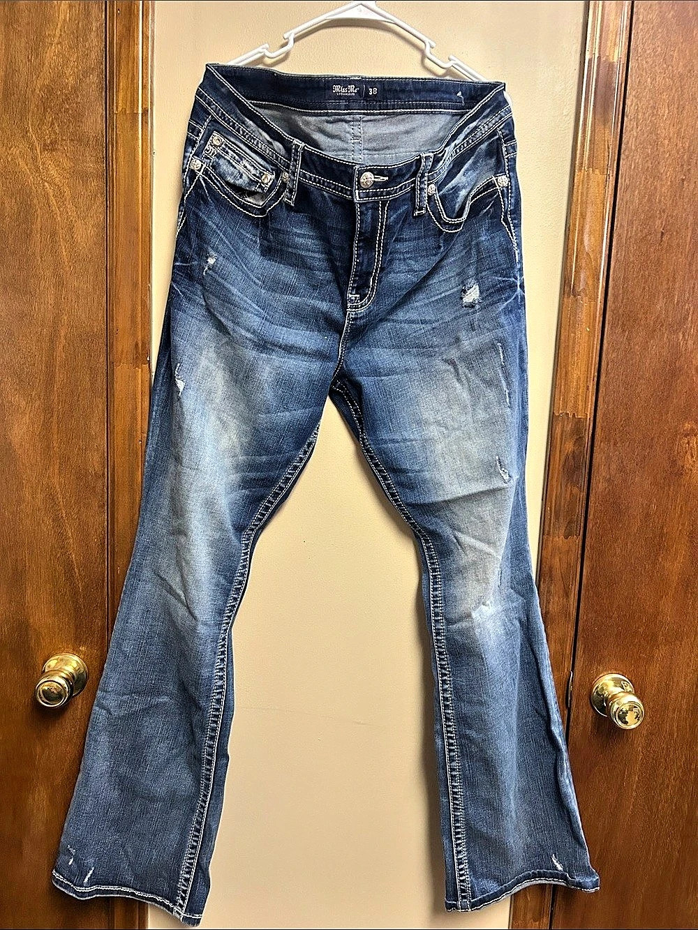 Miss Me Boot Cut Embellished Jeans in Blue Waist 38
